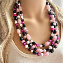 Load image into Gallery viewer, Pink &amp; Black Necklace, multi strand jewelry, big beaded chunky statement necklace, pink necklace, bridesmaid necklace, bib blush white