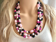 Load image into Gallery viewer, Pink &amp; Black Necklace, multi strand jewelry, big beaded chunky statement necklace, pink necklace, bridesmaid necklace, bib blush white