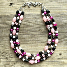 Load image into Gallery viewer, Pink &amp; Black Necklace, multi strand jewelry, big beaded chunky statement necklace, pink necklace, bridesmaid necklace, bib blush white