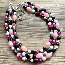 Load image into Gallery viewer, Pink &amp; Black Necklace, multi strand jewelry, big beaded chunky statement necklace, pink necklace, bridesmaid necklace, bib blush white