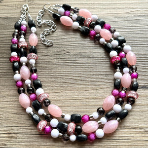 Pink & Black Necklace, multi strand jewelry, big beaded chunky statement necklace, pink necklace, bridesmaid necklace, bib blush white