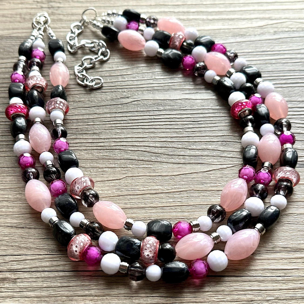 Pink & Black Necklace, multi strand jewelry, big beaded chunky statement necklace, pink necklace, bridesmaid necklace, bib blush white