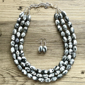 Black & White Swirl Big Bead Necklace, Statement Jewelry, white black silver Chunky bib, bridesmaids necklace, wedding 3 strand bridal