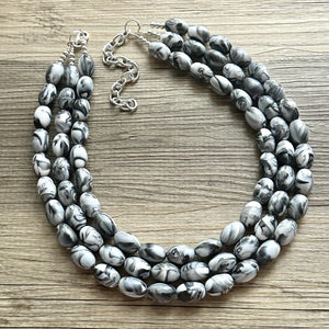 Black & White Swirl Big Bead Necklace, Statement Jewelry, white black silver Chunky bib, bridesmaids necklace, wedding 3 strand bridal