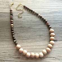 Load image into Gallery viewer, Natural Bronzite Chocolate Statement Necklace, Big beaded jewelry, Single Strand Geometric Brown wood Bib bridesmaid wedding gold geometric