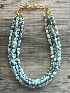 Genuine Natural Larimar Beaded Statement Necklace, Chunky 5 Strand Jewelry, blue turquoise necklace, thick collar beaded bib glass gemstone