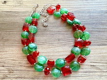 Load image into Gallery viewer, Red &amp; Green Statement Necklace, Chunky Beaded Necklace, Christmas Jewelry, green Necklace, red holiday December beaded necklace silver