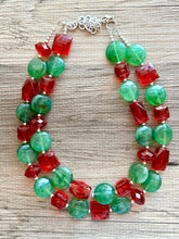 Load image into Gallery viewer, Red &amp; Green Statement Necklace, Chunky Beaded Necklace, Christmas Jewelry, green Necklace, red holiday December beaded necklace silver