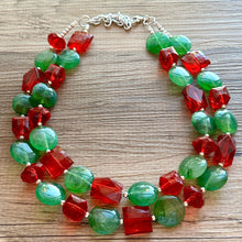 Load image into Gallery viewer, Red &amp; Green Statement Necklace, Chunky Beaded Necklace, Christmas Jewelry, green Necklace, red holiday December beaded necklace silver