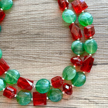 Load image into Gallery viewer, Red &amp; Green Statement Necklace, Chunky Beaded Necklace, Christmas Jewelry, green Necklace, red holiday December beaded necklace silver