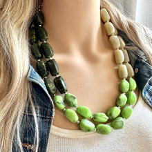 Load image into Gallery viewer, Olive Green Statement Necklace, Chunky 2 Strand Jewelry, neutral lime beaded necklace thick collar bead metal dark light green layering