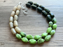 Load image into Gallery viewer, Olive Green Statement Necklace, Chunky 2 Strand Jewelry, neutral lime beaded necklace thick collar bead metal dark light green layering