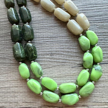 Load image into Gallery viewer, Olive Green Statement Necklace, Chunky 2 Strand Jewelry, neutral lime beaded necklace thick collar bead metal dark light green layering