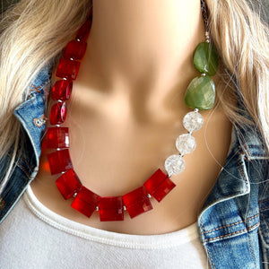 Christmas Colorblock Necklace, Red Holiday Jewelry, Green White Jewelry, Beaded Christmas Present silver cluster single strand OOAK necklace