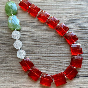 Christmas Colorblock Necklace, Red Holiday Jewelry, Green White Jewelry, Beaded Christmas Present silver cluster single strand OOAK necklace