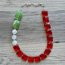 Load image into Gallery viewer, Christmas Colorblock Necklace, Red Holiday Jewelry, Green White Jewelry, Beaded Christmas Present silver cluster single strand OOAK necklace