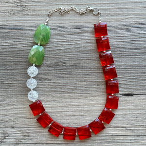 Christmas Colorblock Necklace, Red Holiday Jewelry, Green White Jewelry, Beaded Christmas Present silver cluster single strand OOAK necklace