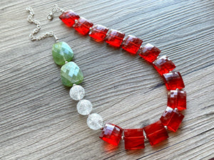 Christmas Colorblock Necklace, Red Holiday Jewelry, Green White Jewelry, Beaded Christmas Present silver cluster single strand OOAK necklace