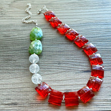 Load image into Gallery viewer, Christmas Colorblock Necklace, Red Holiday Jewelry, Green White Jewelry, Beaded Christmas Present silver cluster single strand OOAK necklace