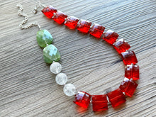 Load image into Gallery viewer, Christmas Colorblock Necklace, Red Holiday Jewelry, Green White Jewelry, Beaded Christmas Present silver cluster single strand OOAK necklace