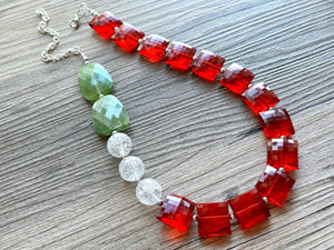 Christmas Colorblock Necklace, Red Holiday Jewelry, Green White Jewelry, Beaded Christmas Present silver cluster single strand OOAK necklace