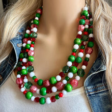 Load image into Gallery viewer, Christmas Necklace, Red &amp; Green Bead Holiday Jewelry, Red Green Jewelry, Beaded Christmas Gift Christmas Present December Winter white