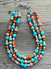 Load image into Gallery viewer, Tropical Seabreeze Painted Beaded Necklace, Colorful Jewelry Chunky statement necklace resin beaded, orange olive green turquoise blue