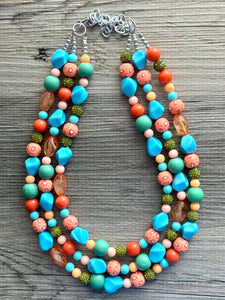 Tropical Seabreeze Painted Beaded Necklace, Colorful Jewelry Chunky statement necklace resin beaded, orange olive green turquoise blue