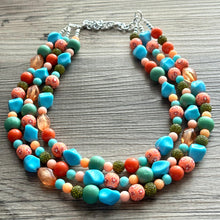 Load image into Gallery viewer, Tropical Seabreeze Painted Beaded Necklace, Colorful Jewelry Chunky statement necklace resin beaded, orange olive green turquoise blue