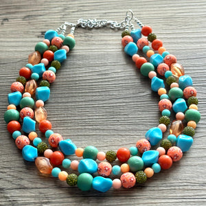 Tropical Seabreeze Painted Beaded Necklace, Colorful Jewelry Chunky statement necklace resin beaded, orange olive green turquoise blue