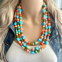 Load image into Gallery viewer, Tropical Seabreeze Painted Beaded Necklace, Colorful Jewelry Chunky statement necklace resin beaded, orange olive green turquoise blue