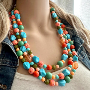 Tropical Seabreeze Painted Beaded Necklace, Colorful Jewelry Chunky statement necklace resin beaded, orange olive green turquoise blue