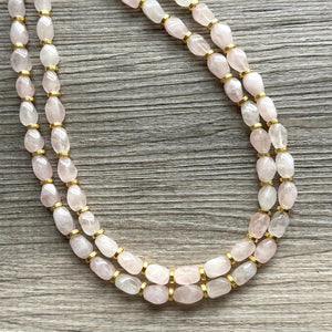 Double Strand Rose Quartz Necklace, gold Statement Jewelry, gemstone necklace, layering bridesmaid, everyday crystal jewelry formal