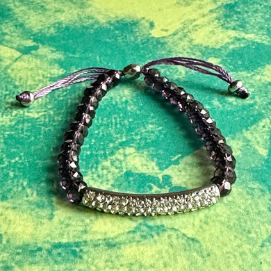 Rhinestone + Eggplant Vintage Statement bracelet, chunky vintage bracelet, silver colorful beaded jewelry, purple geometric pendant jewelry