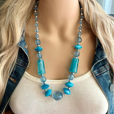 Vintage blue neutral long Necklace, beaded resin jewelry, colorful necklace jewelry silver aqua light blue bead