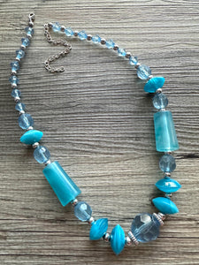 Vintage blue neutral long Necklace, beaded resin jewelry, colorful necklace jewelry silver aqua light blue bead