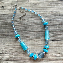 Load image into Gallery viewer, Vintage blue neutral long Necklace, beaded resin jewelry, colorful necklace jewelry silver aqua light blue bead