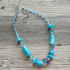 Vintage blue neutral long Necklace, beaded resin jewelry, colorful necklace jewelry silver aqua light blue bead