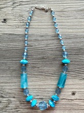 Load image into Gallery viewer, Vintage blue neutral long Necklace, beaded resin jewelry, colorful necklace jewelry silver aqua light blue bead