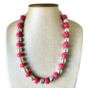 Pink & Silver Chunky Statement Necklace, Pink geometric beaded jewelry, single Strand Bib Necklace, lipstick pink hot pink magenta gray