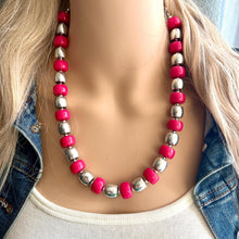 Load image into Gallery viewer, Pink &amp; Silver Chunky Statement Necklace, Pink geometric beaded jewelry, single Strand Bib Necklace, lipstick pink hot pink magenta gray