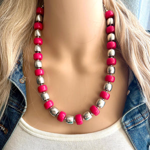 Pink & Silver Chunky Statement Necklace, Pink geometric beaded jewelry, single Strand Bib Necklace, lipstick pink hot pink magenta gray