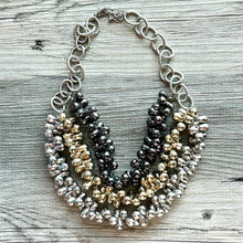 Load image into Gallery viewer, Metallic Goddess chunky statement necklace, big beaded jewelry, gifts for women bib jewelry Multi-Strand gold silver black new years eve