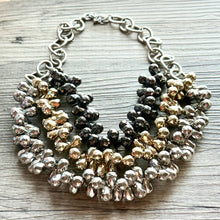 Load image into Gallery viewer, Metallic Goddess chunky statement necklace, big beaded jewelry, gifts for women bib jewelry Multi-Strand gold silver black new years eve