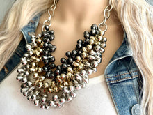 Load image into Gallery viewer, Metallic Goddess chunky statement necklace, big beaded jewelry, gifts for women bib jewelry Multi-Strand gold silver black new years eve