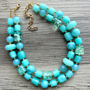 Aqua Blue Double Strand Statement Necklace, Chunky light blue Oval Beaded Bib Jewelry, blue jewelry, baby blue jewlery necklace