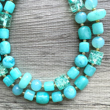 Load image into Gallery viewer, Aqua Blue Double Strand Statement Necklace, Chunky light blue Oval Beaded Bib Jewelry, blue jewelry, baby blue jewlery necklace