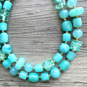 Aqua Blue Double Strand Statement Necklace, Chunky light blue Oval Beaded Bib Jewelry, blue jewelry, baby blue jewlery necklace