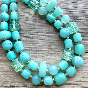 Aqua Blue Double Strand Statement Necklace, Chunky light blue Oval Beaded Bib Jewelry, blue jewelry, baby blue jewlery necklace