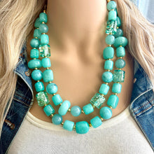 Load image into Gallery viewer, Aqua Blue Double Strand Statement Necklace, Chunky light blue Oval Beaded Bib Jewelry, blue jewelry, baby blue jewlery necklace